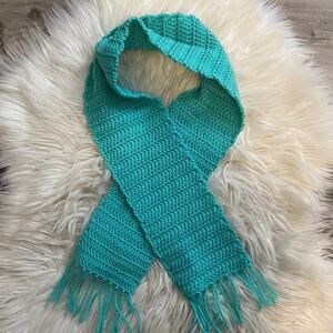 Hand Knit Crochet Scarf Seafoam Green Blue Fringe